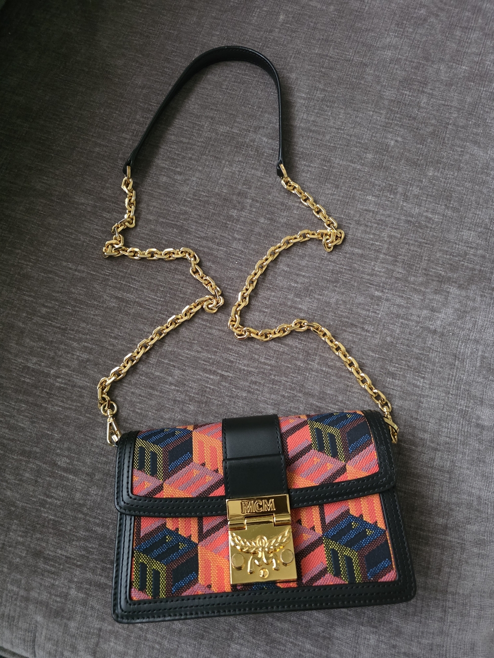 MCM Multicolor Geometric Canvas Crossbody with Gold Chain